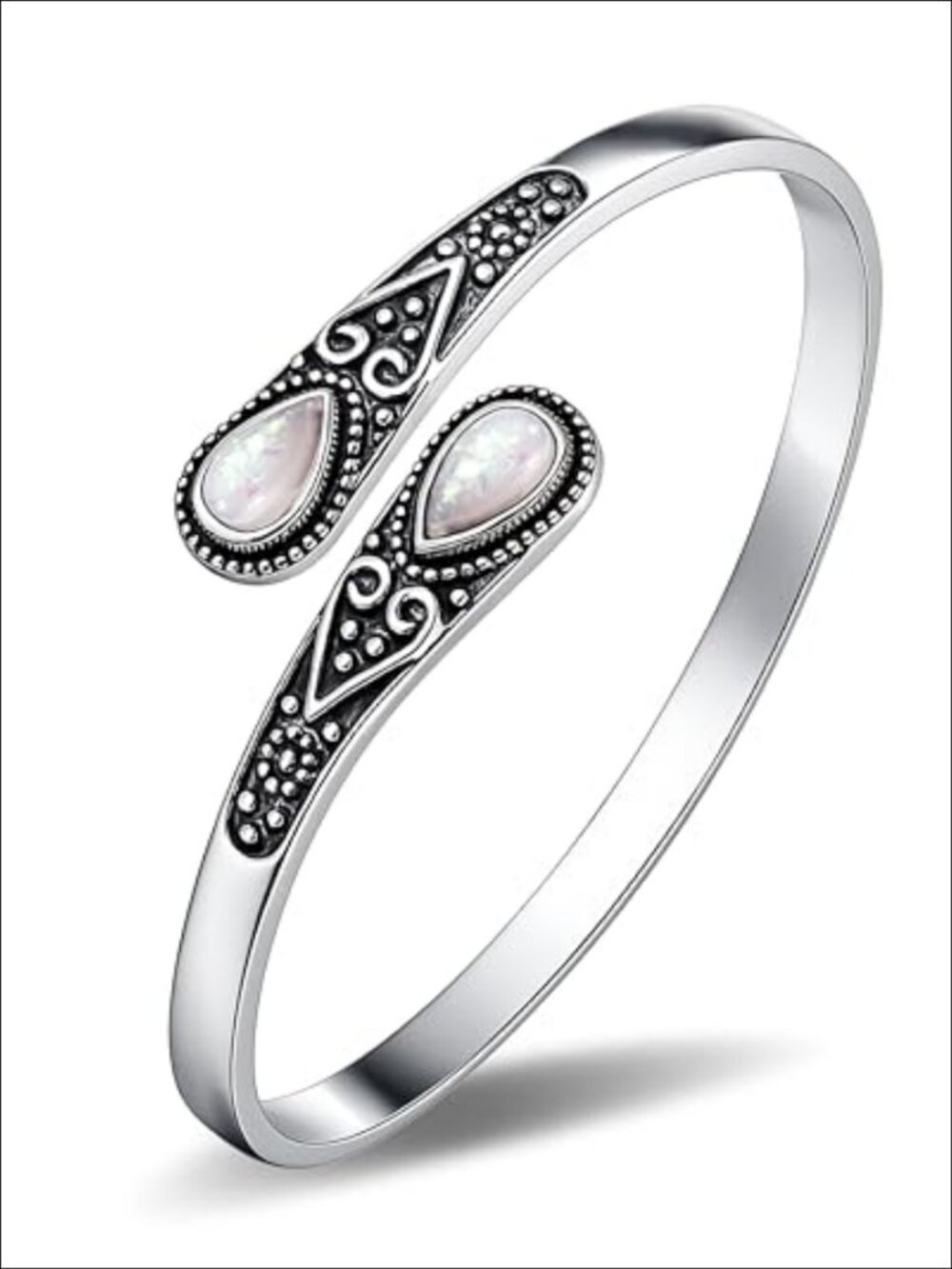 Vintage Sterling Silver Cuff Bracelet with Opal Stones Adjustable Bangle